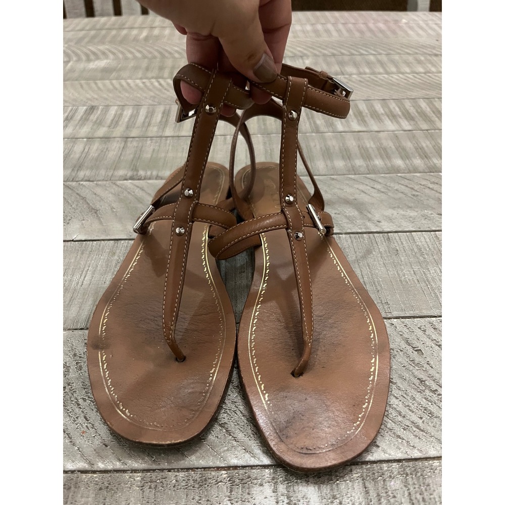 Prada Brown Leather Gladiator T-Strap Flat Sandals Studded Size 39 Made in Italy